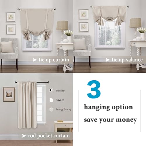 H.VERSAILTEX Blackout Tie Up Curtain Thermal Insulated Window Shade Light Blocking Balloon Roman Shade Bathroom Adjustable Rod Pocket Panel for Small Window,42" Wide by 63" Long,Natural - color: Natural