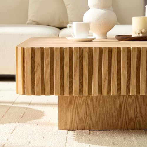 JUSTONE 35-inch Mid-Century Modern Drum Coffee Table, Handcrafted Wood Round Center Table for Living Room, Home Office, Natural Ash - color: 35.43'' - Natural Ash-1