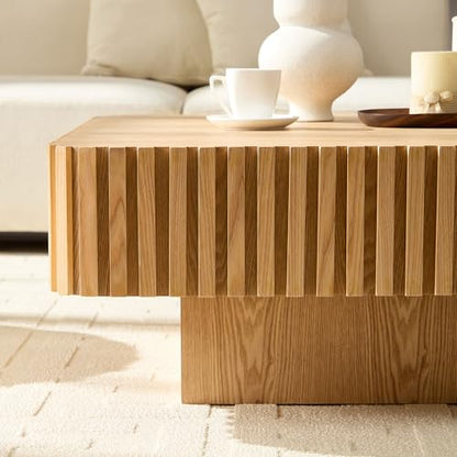 JUSTONE 35-inch Mid-Century Modern Drum Coffee Table, Handcrafted Wood Round Center Table for Living Room, Home Office, Natural Ash - color: 35.43'' - Natural Ash-1