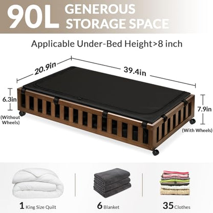 Gashell 2 Pack Bamboo Under Bed Storage with Wheels, 39”x20”x7.8” Lager Under Bed Storage Containers (Brown)
