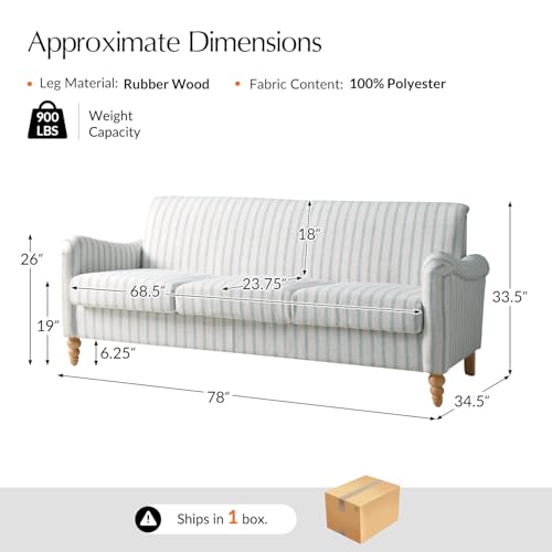 HULALA HOME Farmhouse Curved Couch with Stripe Pattern, 3 Seater Sofa, Blue | with Solid Wood Spindle Legs and Rolled Wide Armrests, Comfy Upholstered Sofa for Living Room Bedroom - color: Blue, size: 3-Seater Sofa