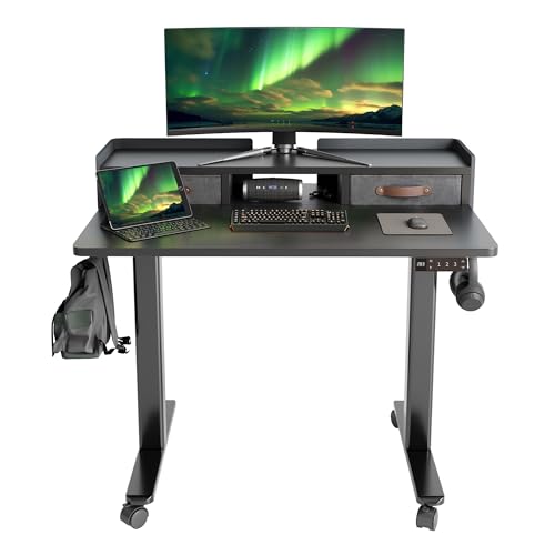 Claiks Standing Desk with Drawers, Adjustable Stand Up Electric Small Standing Desk Adjustable Height with Storage Shelf and Splice Board, 40 Inch, Black - color: Black, size: 39.4×23.6