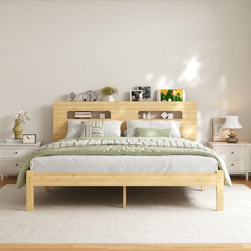 King Size Platform Bed Frame 12 Inch, Natural Bamboo Frame with Middle Iron Slats, Sturdy & Quiet Bed Base for Mattress, Tool-Free Assembly Bedroom Furniture - color: Natural, size: King (U.S. Standard), style: 12 INCH