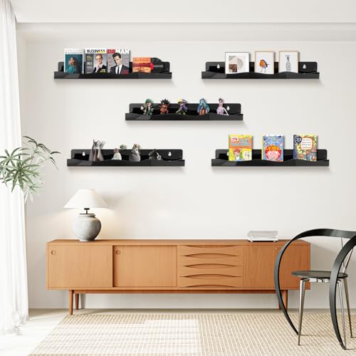 Nail Polish Wall Rack, 6-Shelf 15-Inch Black Acrylic Nail Polish Shelves with Removable Ends – Multi-Purpose Shelf for Essential Oils, Cosmetics Storage and Display for Salons and Bathrooms - color: Black