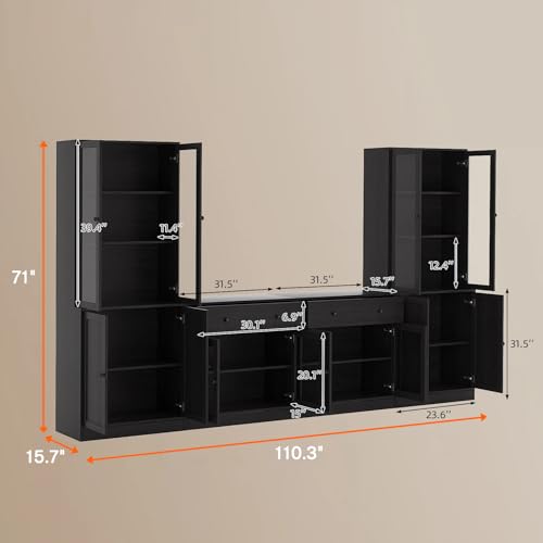 TUSY 71" TV Stand Storage Set - 2 Tall Bookcases & 2 Side Cabinets, Media Console with Glass & Wood Doors, Entertainment Center with Drawers, Tall Media Console for Living Room (Black, AFFA) - color: Black