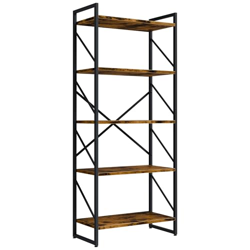 Shintenchi 5 Tiers Bookshelf, Classically Tall Bookcase Shelf, Industrial Book Rack, Modern Book Holder in Bedroom/Living Room/Home/Office, Storage Rack Shelves for Books/Movies-Rustic Brown - color: Rustic Brown