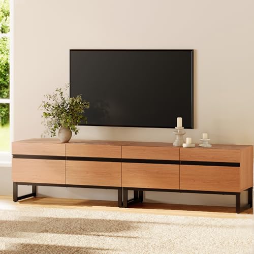 WAMPAT Modern TV Stand for 50-75 Inch TVs, Wood Entertainment Center with Metal Base Storage Cabinets, Media TV Console for Living Room, Mocha, 2Pcs - color: Mocha, size: 2 Pcs