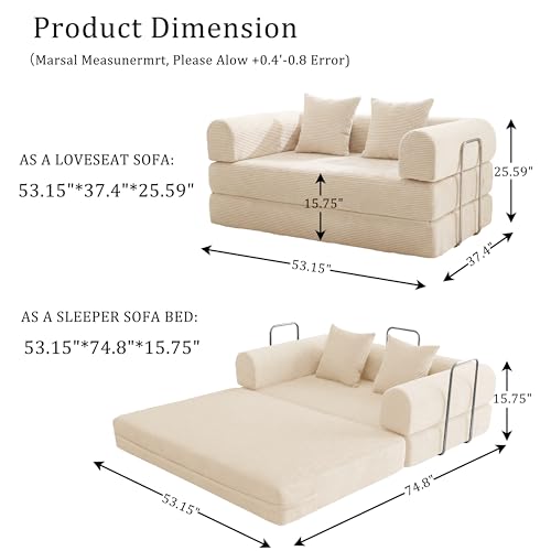 53.15" Boneless Couch,4-in-1 Futon Sofa Bed Modular Loveseat Sleeper Folding Compressed Couch with Pillows,No Assembly Required Convertible Sofa Bed for Living Room Bedroom Guest Room,Beige - color: Beige, size: 53.15" Loveseat Sofa
