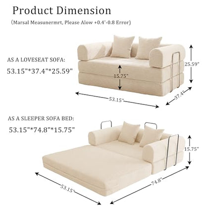 53.15" Boneless Couch,4-in-1 Futon Sofa Bed Modular Loveseat Sleeper Folding Compressed Couch with Pillows,No Assembly Required Convertible Sofa Bed for Living Room Bedroom Guest Room,Beige - color: Beige, size: 53.15" Loveseat Sofa
