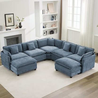 113'' V Shaped Cloud Sectional Sofa, Oversized Deep Seat Couches for Living Room, Chenille Comfy Upholstered Modular Sectional Sofa Couch with 2 Movable Ottoman, Blue - color: Blue, size: 113'' V Shaped+2 Ottoman