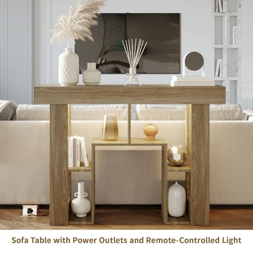43.3" Console Table with Charging Station & USB-C Port, Behind Couch Sofa Table with LED Lights Narrow Entryway Table for Entrance Living Room Hallway Foyer, Oak - color: Oak