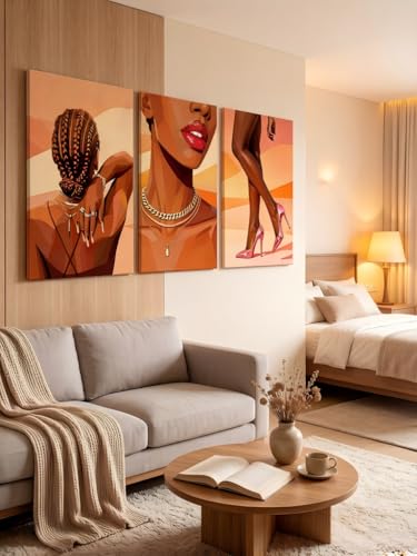 RYZopmuy Black Girl Wall Art Set of 3 Modern Black Female Painting Pictures | African American Black Women Canvas Posters Black Female Painting Pictures for Bedroom Living Room Bathroom 12x16in - color: African American women, size: 16L"x12W"