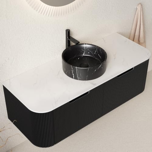 48" Floating Bathroom Vanity with Sink, Wall Mounted Plywood Cabinet, Black Fluted Front, Sintered Stone Countertop, Black Marble-Look Round Ceramic Vessel Sink, Soft-Close Drawer, Pre-Assembled - color: Black Cabinet / Black Marble Sink, size: 48 Inch
