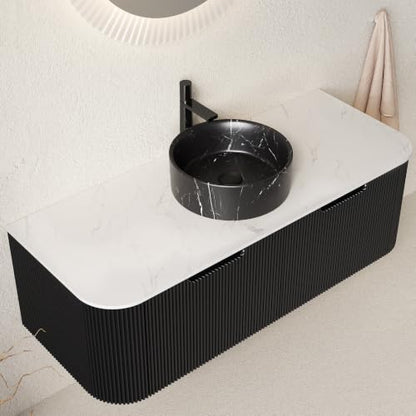 48" Floating Bathroom Vanity with Sink, Wall Mounted Plywood Cabinet, Black Fluted Front, Sintered Stone Countertop, Black Marble-Look Round Ceramic Vessel Sink, Soft-Close Drawer, Pre-Assembled - color: Black Cabinet / Black Marble Sink, size: 48 Inch