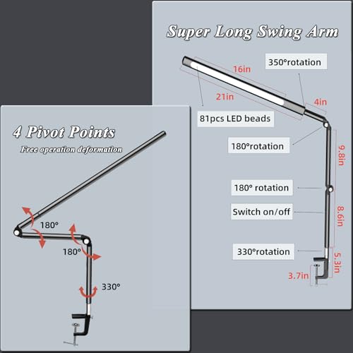Aluminum LED Desk Lamp with Super Long Arm, Adjustable Nails Light for Desk, Pro Nail Desk Lamp with 2 in 1 clamp, Suitable fo Nail Beauty, Home Office,Workshop,Reading (Matte Black)