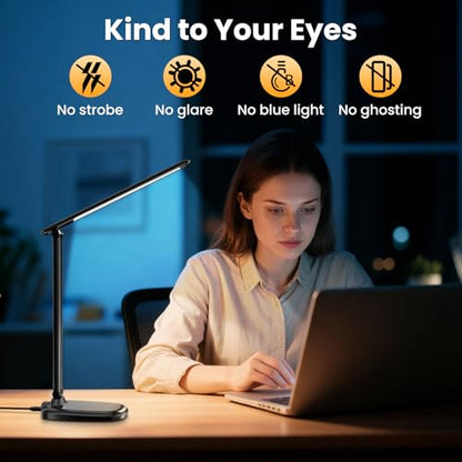 Desk Lamp with Charger, 10%-100% Stepless Dimmable & 5 Color Modes Study Lamp, Touch Control, 30-/60-minute Timer, USB Charging Output Port, CRI≥90, Eye-Caring Foldable LED Desk Lamps for Home Office - color: Black-US