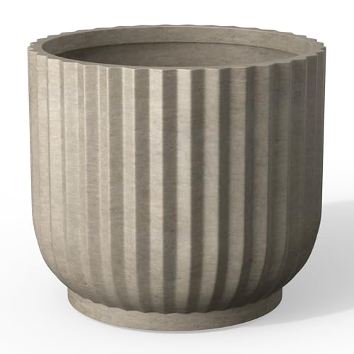 Kante Small Round Pedestal Weathered Concrete Planter 11" Dia, Outdoor | Fluted, Rubber Plug for Indoor, Drainage for Garden, All-Weather Cement Flower Pot, Handcrafted, Anti-UV, Modern Home Decor - color: Weathered Concrete, size: 11"w x 9.8"h