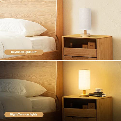 Small Bedside Table Lamp for Bedroom, Minimalist Wood Base & Round Fabric Shade, Mini Cute Cozy Warm White Nightstand Boho Lamp, Study Desk Night Stand Light for Room, Dorm, Nursery, Living Room - size: Cylinder - Set of 1