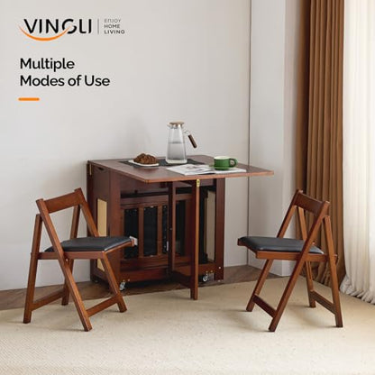 VINGLI Folding Dining Table Set Extendable Drop Leaf Solid Wood Foldable Table 5 Piece with 4 Chairs 2 Drawers and Wheels for Kitchen Space Saving,Walnut