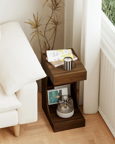 Veegle C-Shaped Side Table, Narrow End Table with Storage Shelf, C Table for Small Space, Small Coffee Tables for Living Room Bedroom (Walnut Brown)