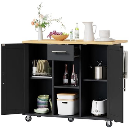 Shintenchi Kitchen Island with Storage, Bar Cart Cabinet Island Table on Wheels, Rolling Microwave Cart for Kitchen with Drop Leaf, Drawers, Towel Rack, Seating Area for Dining Room, Black - color: Black-42 Inch