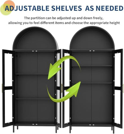 Garvee 73" Tall Arched Cabinet with Glass Doors and Adjustable Shelves | Black Arched Bookcase & Bookshelf, Freestanding Display Cabinet for Dining, Kitchen, Living Room, Powder-Coated Finish
