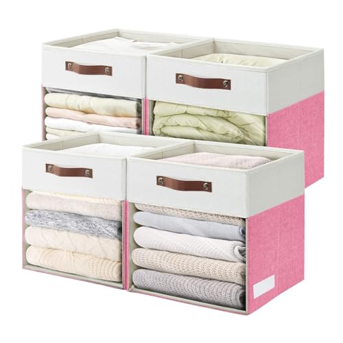 Storage Cubes, 4 Pack Linen Foldable Storage Bins with Clear Window and 2 Handles, 13x15x13 Storage Cube Bins for Shelf Closet, Kallax, Clothes, Books - (Pink / Off-White) - color: Pink / Off-White, size: 13 x 15 x 13