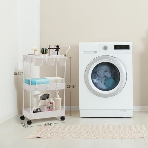 Storage Cart on Wheels, 3 Tier Slim Laundry with Wheels Bathroom Organizer with Hanging Cups Hooks Dividers Handle Mobile Rolling Art Cart for Bathroom Kitchen Narrow Places, White - style: 3 Tier White
