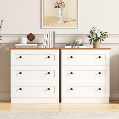 Furnify 3 Drawer Dresser Set of 2, Modern Chest of Drawers, White & Walnut | Farmhouse Wood Nightstand Bedside Cabinet End Table, Modern Closet Storage Organizer for Bedroom, Living Room - size: 11.8"D x 22.8"W x 25.2"H (6 Drawers)