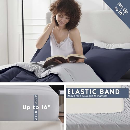 Nestl 7 Piece Full Comforter Set – Navy Reversible Bed in a Bag – Complete Full Size Bedding Set with Sheets, Pillowcases and Shams - color: Navy, size: Full