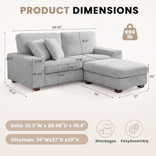 DOPEDIO 88.58" L-Shaped Sectional Sofa with Storage Ottoman, Light Gray | L-shaped sectional sofa with storage ottoman, chenille fabric, washable covers, pocket spring cushions, easy assembly - size: 88.58 inch-L, style: Light Grey Chenille