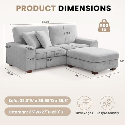 DOPEDIO 88.58" L-Shaped Sectional Sofa with Storage Ottoman, Light Gray | L-shaped sectional sofa with storage ottoman, chenille fabric, washable covers, pocket spring cushions, easy assembly - size: 88.58 inch-L, style: Light Grey Chenille