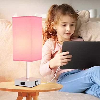 Touch Control Bedside Lamp - 3-Way Dimmable Table Lamps with USB C+A Port and Outlet, Nightstand Lamp for Bedroom Decor and Living Room,Pink