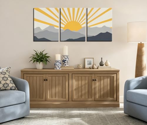Frimeeme Modern Boho Sun Canvas Wall Art, Set of 3, Yellow and Gray Mountain Sunrise, 12x16 Inch Each, Framed - color: Framed - Sun Canvas Wall Art, size: 12"L x 16"W x 3Pieces