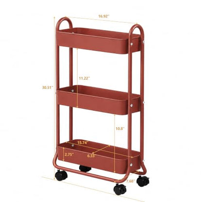SunnyPoint Slim Rolling Storage Cart, 3 Tier Bathroom Storage Organizer Bathroom, Laundry Utility Cart (RED) - color: Red