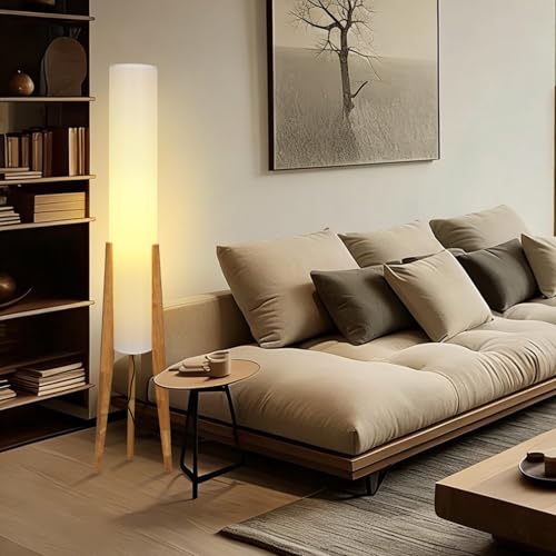 Wabi-Sabi 50" Wood Tripod Floor Lamp with Paper Lantern Inspired | Tall Linen Fabric Shade, E26 3-Color Temperatures Bulb Included, Foot Switch, Natural Wood For Living Room, Bedroom, Office - color: Natural Wood