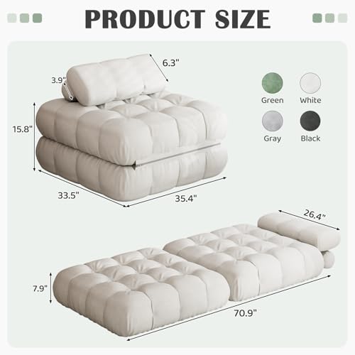 3-in-1 Folding Sofa Bed, 35.4" Convertible Sleeper Chair Bed with Pillow Back Support, Portable Pull Out Velvet Futon Lounge Couch, Comfy Floor Mattress for Living Room Bedroom - White, Single | Portable Pull Out Velvet Futon Sleeper Lounge Couch with Pil