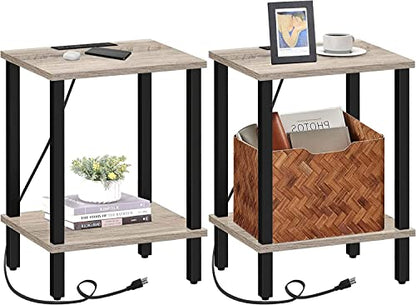 TUTOTAK End Table with Charging Station, Side Table Set of 2, Nightstand | 2-Tier Storage Shelf, Bedside Table with USB Ports, Sofa Table for Small Space, Livingroom, Bedroom Greige V1TB01BG041 - color: Greige