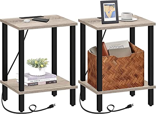 TUTOTAK End Table with Charging Station, Side Table Set of 2, Nightstand | 2-Tier Storage Shelf, Bedside Table with USB Ports, Sofa Table for Small Space, Livingroom, Bedroom Greige V1TB01BG041 - color: Greige