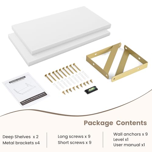 Dreamland Wall Mounted Floating Shelves Set of 2, 16x8, White&Gold | Engineered Wood, Visible Bracket, Large Storage, Hold Up to 30lbs, Living Room, Bathroom, Bedroom, Kitchen - color: White&gold, size: 16"W x 8"D