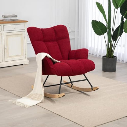 Rocking Chair Nursery Teddy Upholstered Glider Rocker Rocking Accent Chair Padded Seat with High Backrest Armchair Comfy Side Chair for Living Room Bedroom Offices (Burgundy Teddy) - color: Burgundy