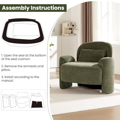 Accent Chair for Living Room, Modern Chenille Fabric Lounge Reading Sofa Chair with Lumbar Pillow, Upholstered Arm Chairs for Bedroom, Office, Green - color: Green