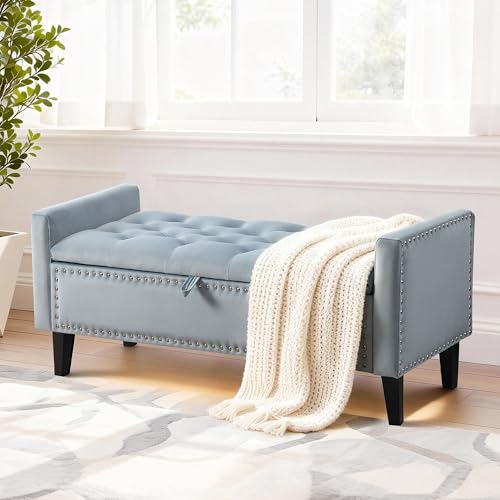 47in Velvet Storage Ottoman Bench with Arms, Upholstered Storage Bench with Wooden Legs, Storage Bench for Bedroom, Living Room, Entryway, Blue Grey - color: Blue Grey
