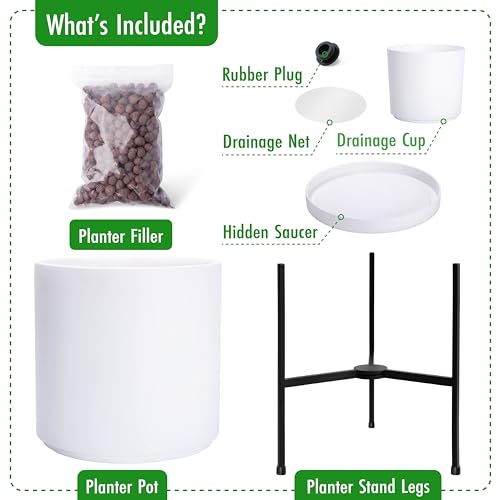 D'vine Dev Cylinder Planter Pot with Metal Stand, White, 14 in, 96-T-A-4 | Durable Fiberclay Construction, Sleek Modern Design, Heavy-Duty Iron Stand, Drainage Hole & Saucer, Elegant Indoor Display - color: White, size: X-Large 14 Inch