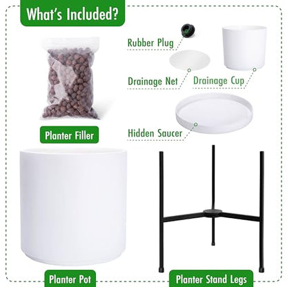 D'vine Dev Cylinder Planter Pot with Metal Stand, White, 14 in, 96-T-A-4 | Durable Fiberclay Construction, Sleek Modern Design, Heavy-Duty Iron Stand, Drainage Hole & Saucer, Elegant Indoor Display - color: White, size: X-Large 14 Inch