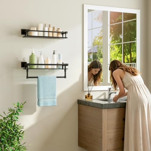 Alise Bathroom Shelf with Towel Bar,16 Inch Matte Black Glass Shelf | Floating Bathroom Glass Shelves,Tempered Glass,SUS304 Stainless Steel - color: Matte Black, size: 16 In