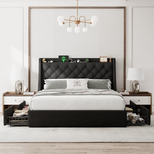 Einhomn Queen Bed Frame with 4 Storage Drawers, Upholstered Modern Bed Frame with Wingback Headboard, Charging Station, No Box Spring Needed, Easy Assembly, Black - color: Black, size: Queen