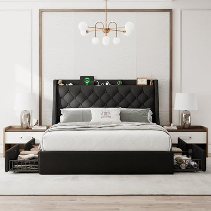 Einhomn Queen Bed Frame with 4 Storage Drawers, Upholstered Modern Bed Frame with Wingback Headboard, Charging Station, No Box Spring Needed, Easy Assembly, Black - color: Black, size: Queen