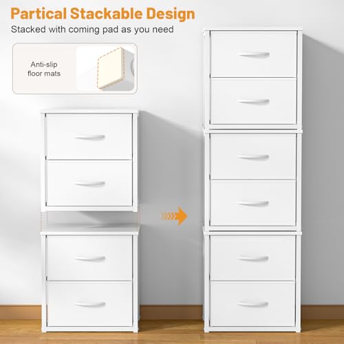 DAOUTIME 2-Pack Stackable Storage Drawers (4 Drawers Total), White Closet Organizer with Wooden Top & Metal Frame, Freestanding or Stackable Dresser for Bedroom, Living Room, Under Bed