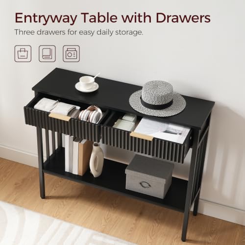 MAHANCRIS 39.4" Console Table with 2 Drawers, Fluted Black Entryway Table | Narrow Long Entry Table with Storage Shelf, Sofa Table for Entryway, Living Room, Foyer, Hallway, Office, Black CTHB5101 - size: 11.8"D x 39.4"W x 32.3"H